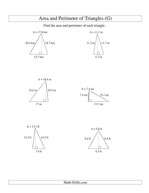 The Area and Perimeter of Triangles (up to 1 decimal place; range 5-20) (G) Math Worksheet