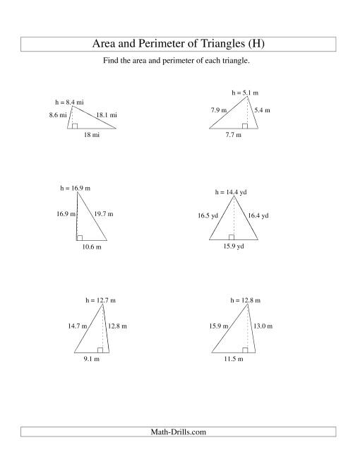 The Area and Perimeter of Triangles (up to 1 decimal place; range 5-20) (H) Math Worksheet