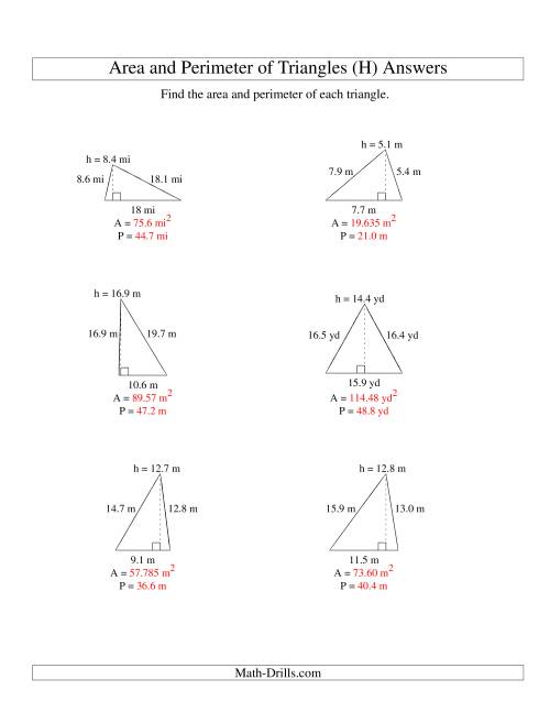 The Area and Perimeter of Triangles (up to 1 decimal place; range 5-20) (H) Math Worksheet Page 2