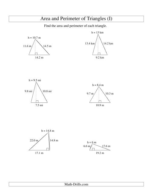 The Area and Perimeter of Triangles (up to 1 decimal place; range 5-20) (I) Math Worksheet