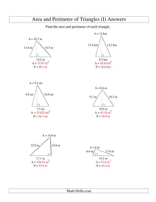 The Area and Perimeter of Triangles (up to 1 decimal place; range 5-20) (I) Math Worksheet Page 2