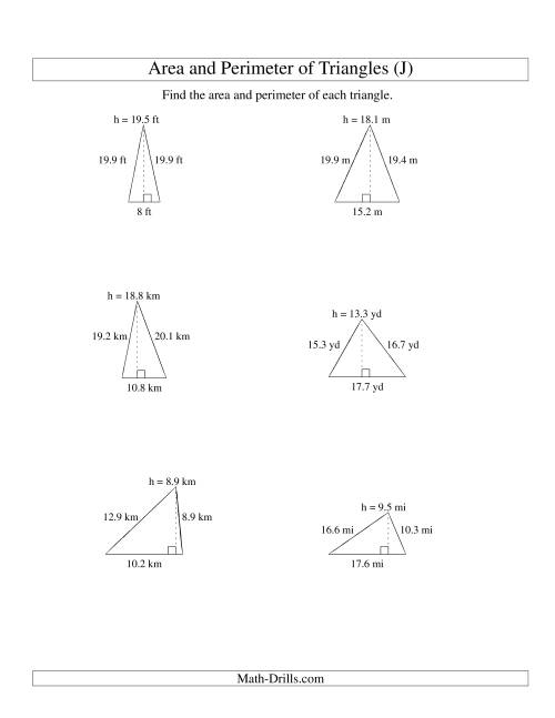 The Area and Perimeter of Triangles (up to 1 decimal place; range 5-20) (J) Math Worksheet