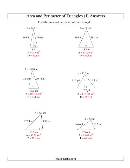 The Area and Perimeter of Triangles (up to 1 decimal place; range 5-20) (J) Math Worksheet Page 2