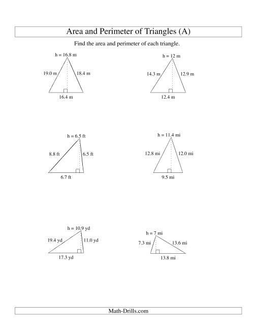 The Area and Perimeter of Triangles (up to 1 decimal place; range 5-20) (All) Math Worksheet