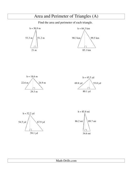 The Area and Perimeter of Triangles (up to 1 decimal place; range 10-99) (A) Math Worksheet
