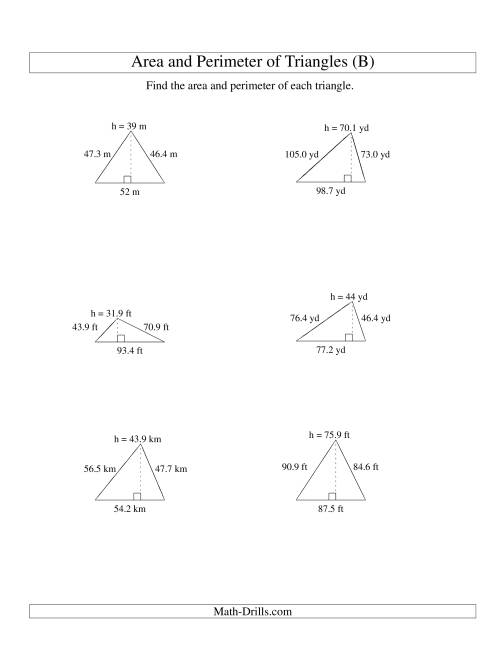 The Area and Perimeter of Triangles (up to 1 decimal place; range 10-99) (B) Math Worksheet