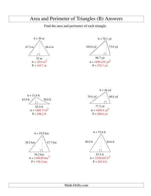 The Area and Perimeter of Triangles (up to 1 decimal place; range 10-99) (B) Math Worksheet Page 2