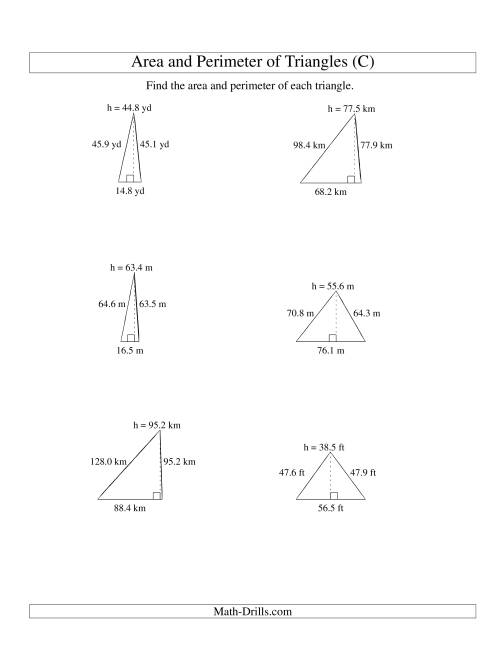 The Area and Perimeter of Triangles (up to 1 decimal place; range 10-99) (C) Math Worksheet