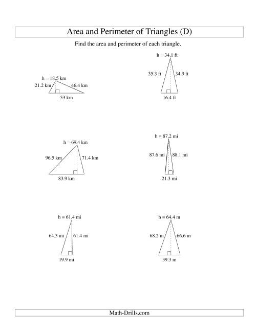 The Area and Perimeter of Triangles (up to 1 decimal place; range 10-99) (D) Math Worksheet