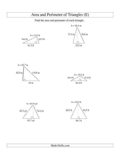 The Area and Perimeter of Triangles (up to 1 decimal place; range 10-99) (E) Math Worksheet