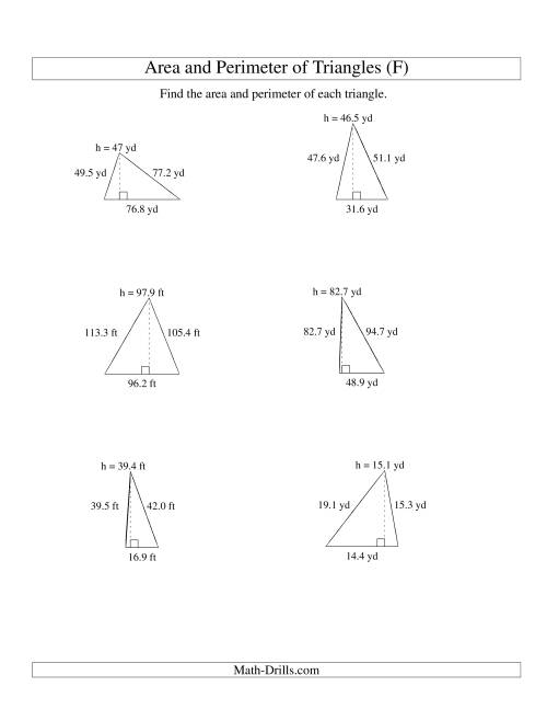The Area and Perimeter of Triangles (up to 1 decimal place; range 10-99) (F) Math Worksheet