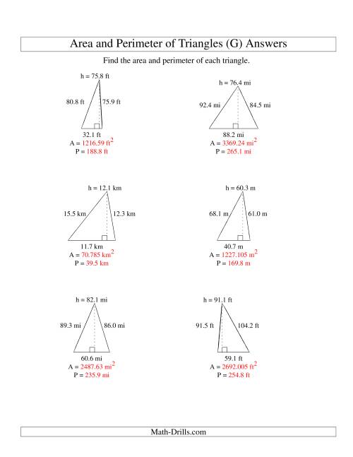 The Area and Perimeter of Triangles (up to 1 decimal place; range 10-99) (G) Math Worksheet Page 2