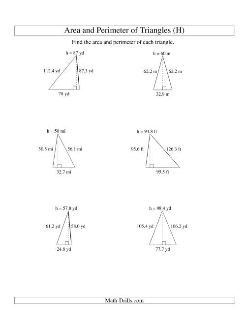 The Area and Perimeter of Triangles (up to 1 decimal place; range 10-99) (H) Math Worksheet
