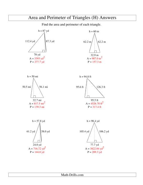 The Area and Perimeter of Triangles (up to 1 decimal place; range 10-99) (H) Math Worksheet Page 2
