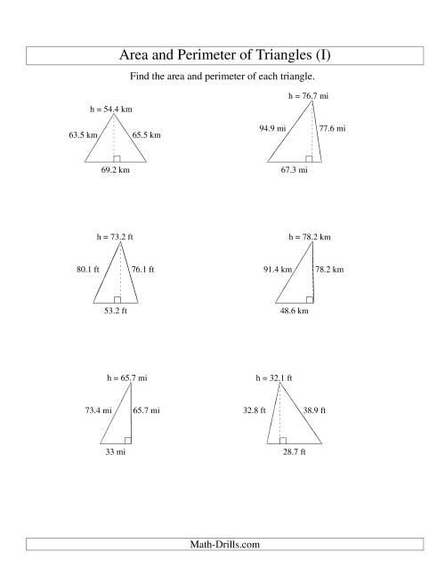 The Area and Perimeter of Triangles (up to 1 decimal place; range 10-99) (I) Math Worksheet