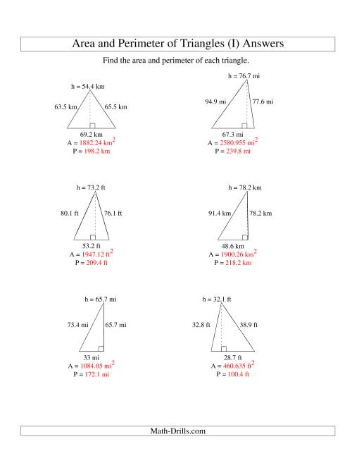 The Area and Perimeter of Triangles (up to 1 decimal place; range 10-99) (I) Math Worksheet Page 2