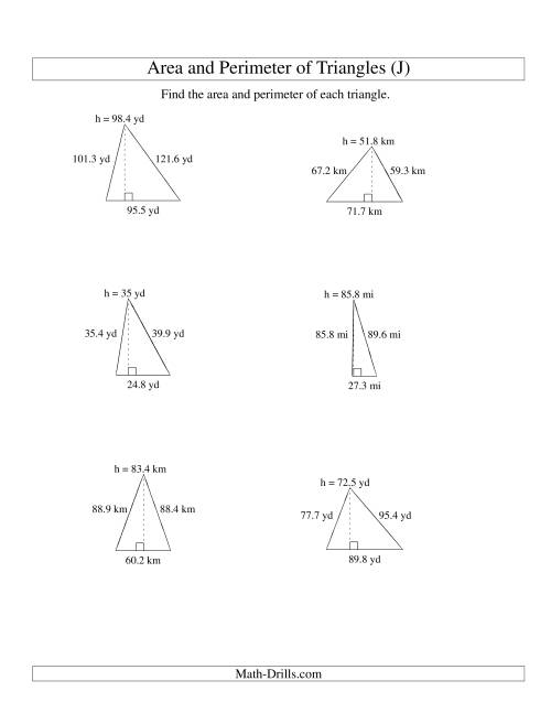 The Area and Perimeter of Triangles (up to 1 decimal place; range 10-99) (J) Math Worksheet