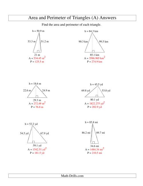 The Area and Perimeter of Triangles (up to 1 decimal place; range 10-99) (All) Math Worksheet Page 2