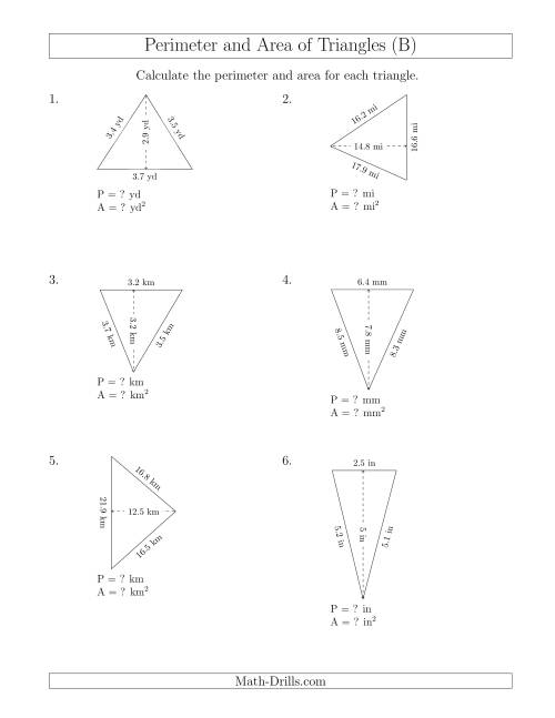 The Calculating the Perimeter and Area of Acute Triangles (Rotated Triangles) (B) Math Worksheet