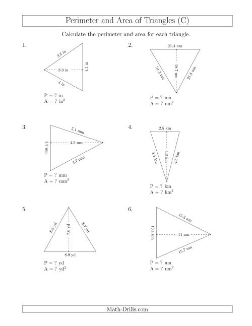 The Calculating the Perimeter and Area of Acute Triangles (Rotated Triangles) (C) Math Worksheet