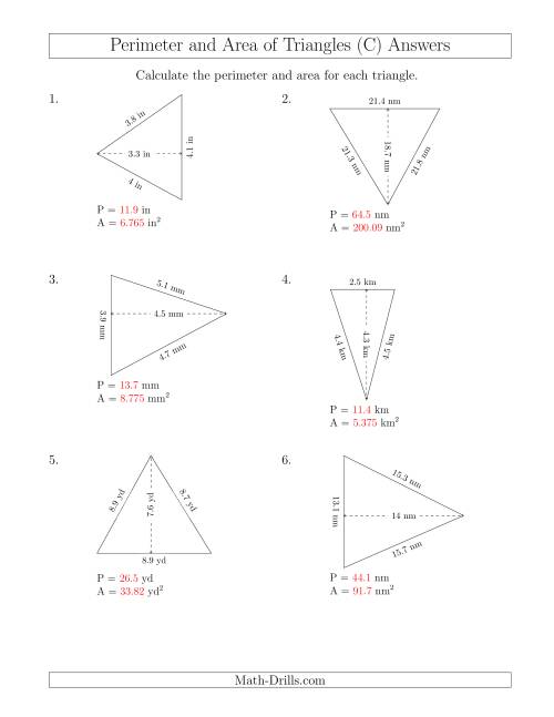 The Calculating the Perimeter and Area of Acute Triangles (Rotated Triangles) (C) Math Worksheet Page 2