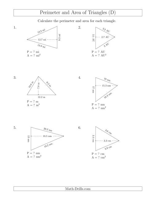 The Calculating the Perimeter and Area of Acute Triangles (Rotated Triangles) (D) Math Worksheet