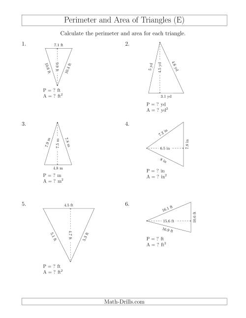 The Calculating the Perimeter and Area of Acute Triangles (Rotated Triangles) (E) Math Worksheet