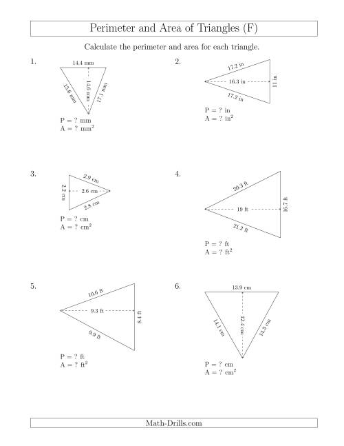 The Calculating the Perimeter and Area of Acute Triangles (Rotated Triangles) (F) Math Worksheet