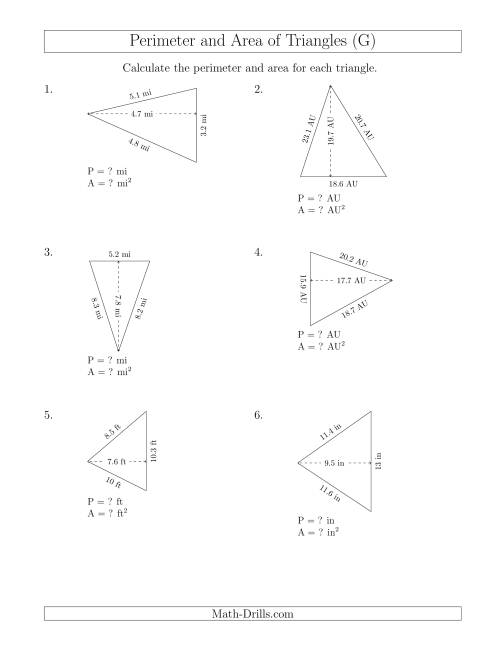 The Calculating the Perimeter and Area of Acute Triangles (Rotated Triangles) (G) Math Worksheet
