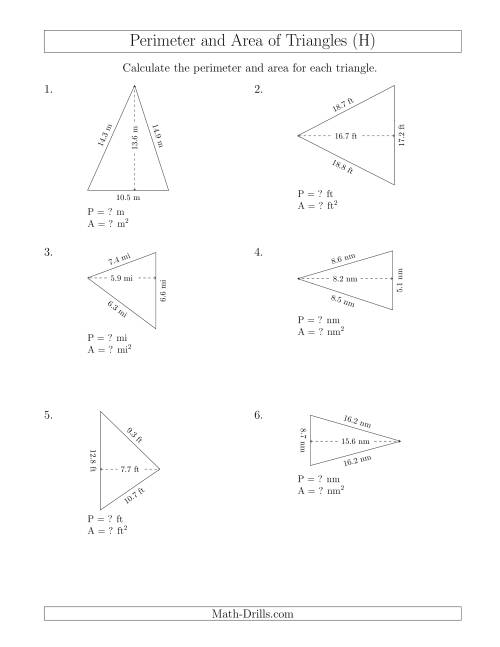 The Calculating the Perimeter and Area of Acute Triangles (Rotated Triangles) (H) Math Worksheet