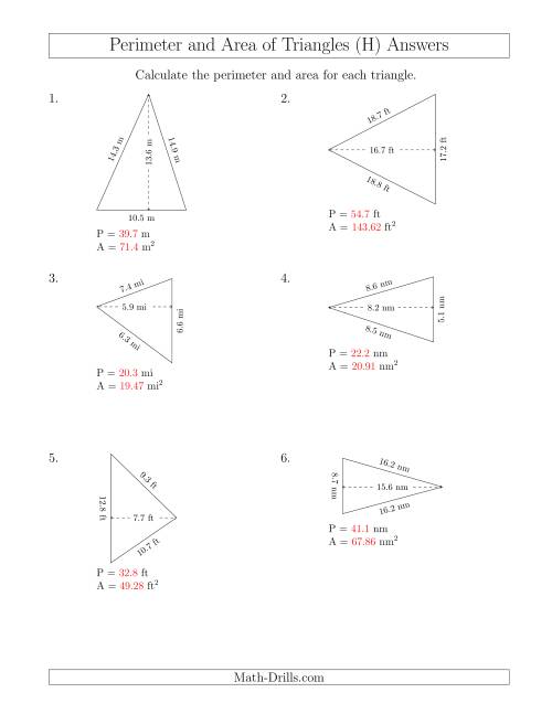 The Calculating the Perimeter and Area of Acute Triangles (Rotated Triangles) (H) Math Worksheet Page 2