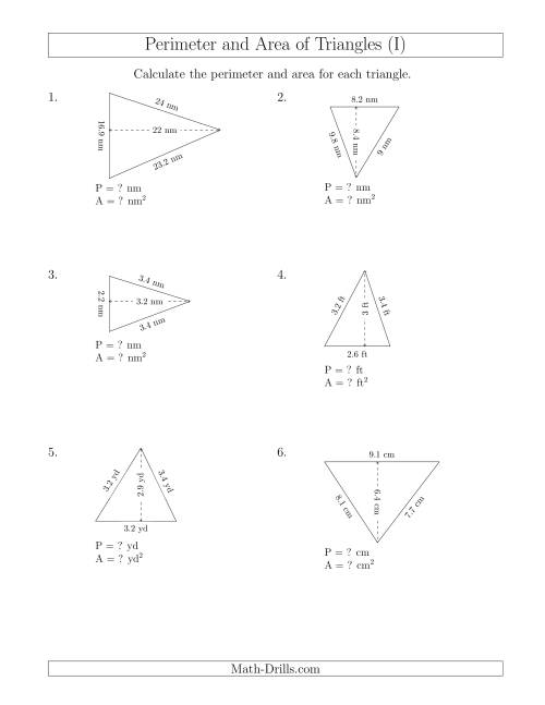 The Calculating the Perimeter and Area of Acute Triangles (Rotated Triangles) (I) Math Worksheet