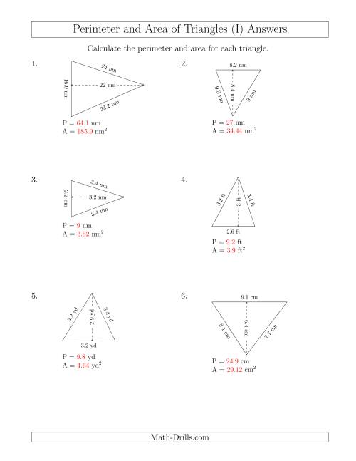 The Calculating the Perimeter and Area of Acute Triangles (Rotated Triangles) (I) Math Worksheet Page 2