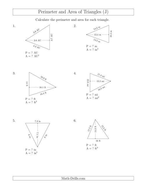 The Calculating the Perimeter and Area of Acute Triangles (Rotated Triangles) (J) Math Worksheet