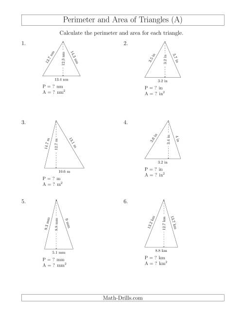 The Calculating the Perimeter and Area of Acute Triangles (A) Math Worksheet