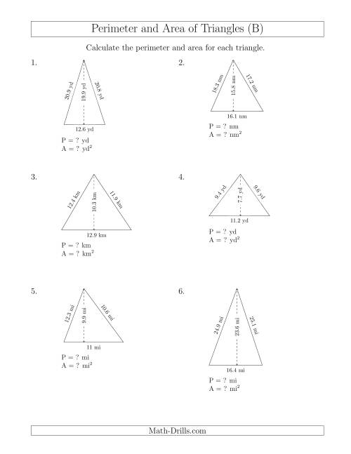 The Calculating the Perimeter and Area of Acute Triangles (B) Math Worksheet
