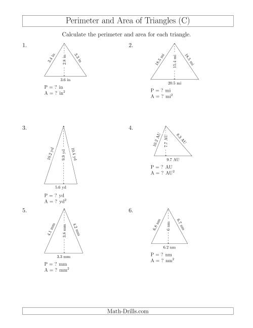 The Calculating the Perimeter and Area of Acute Triangles (C) Math Worksheet