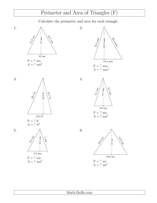 The Calculating the Perimeter and Area of Acute Triangles (F) Math Worksheet