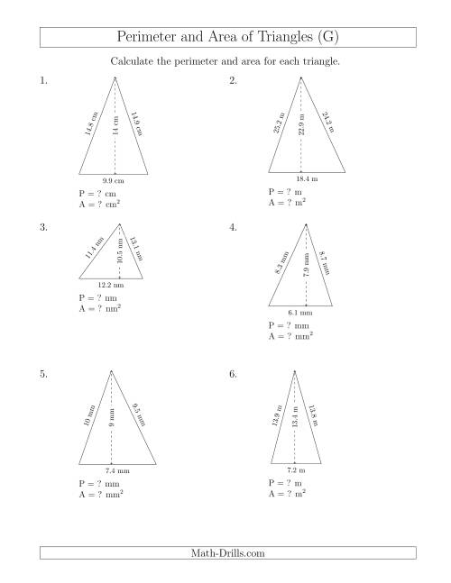 The Calculating the Perimeter and Area of Acute Triangles (G) Math Worksheet
