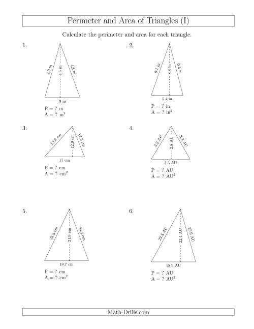 The Calculating the Perimeter and Area of Acute Triangles (I) Math Worksheet