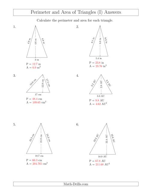 The Calculating the Perimeter and Area of Acute Triangles (I) Math Worksheet Page 2
