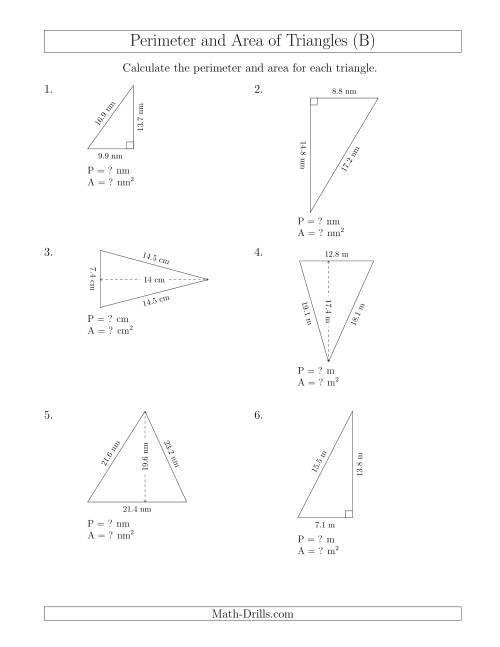 The Calculating the Perimeter and Area of Acute and Right Triangles (Rotated Triangles) (B) Math Worksheet