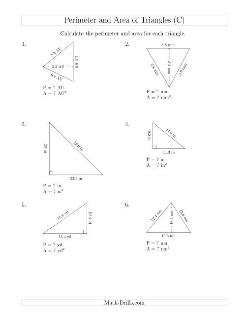 The Calculating the Perimeter and Area of Acute and Right Triangles (Rotated Triangles) (C) Math Worksheet
