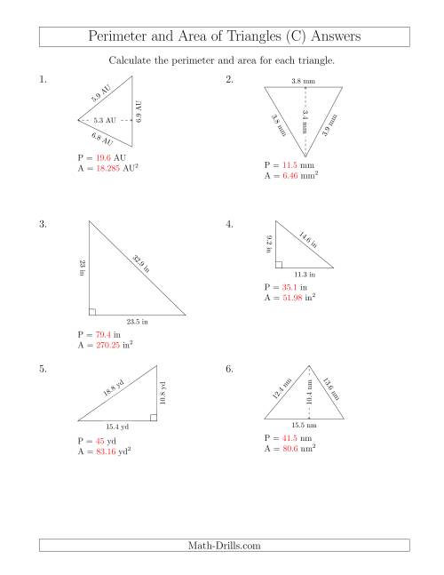 The Calculating the Perimeter and Area of Acute and Right Triangles (Rotated Triangles) (C) Math Worksheet Page 2