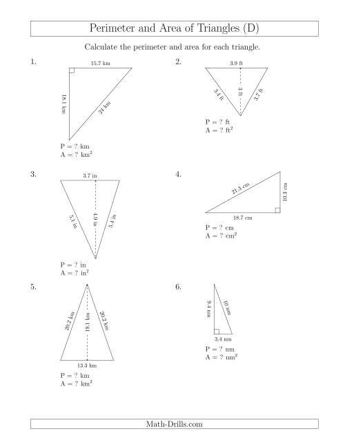 The Calculating the Perimeter and Area of Acute and Right Triangles (Rotated Triangles) (D) Math Worksheet