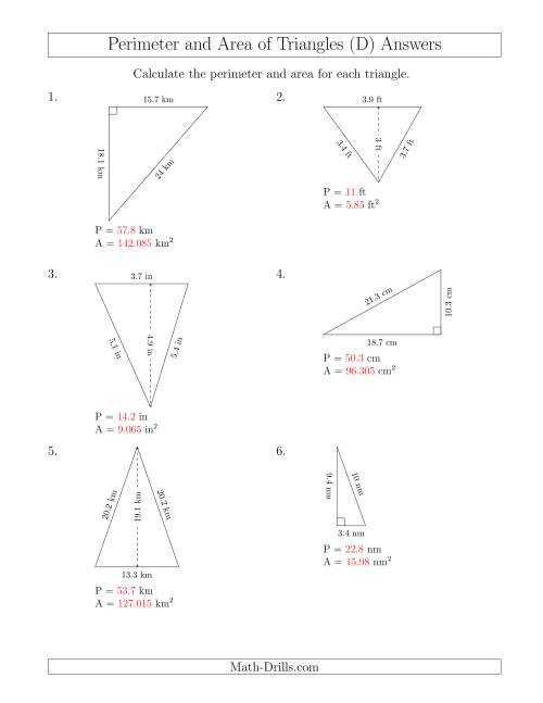 The Calculating the Perimeter and Area of Acute and Right Triangles (Rotated Triangles) (D) Math Worksheet Page 2