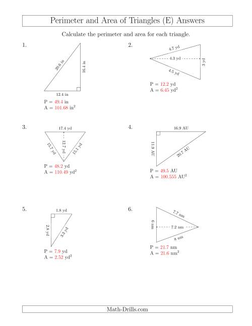 The Calculating the Perimeter and Area of Acute and Right Triangles (Rotated Triangles) (E) Math Worksheet Page 2