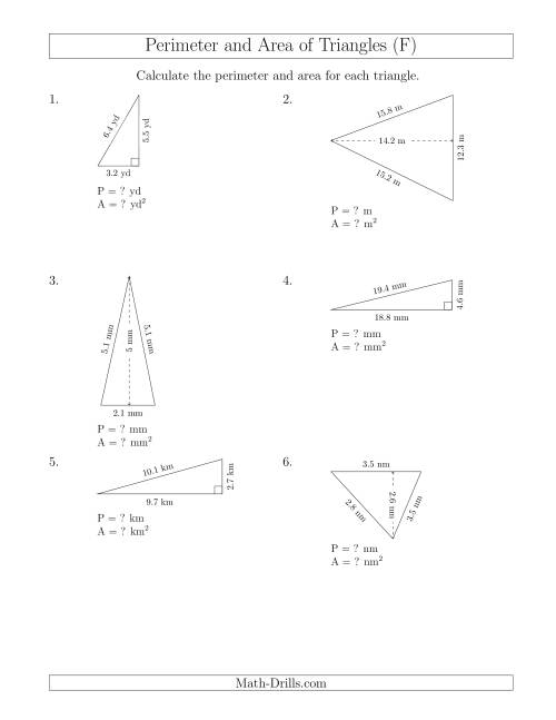 The Calculating the Perimeter and Area of Acute and Right Triangles (Rotated Triangles) (F) Math Worksheet