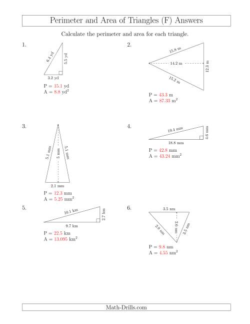 The Calculating the Perimeter and Area of Acute and Right Triangles (Rotated Triangles) (F) Math Worksheet Page 2