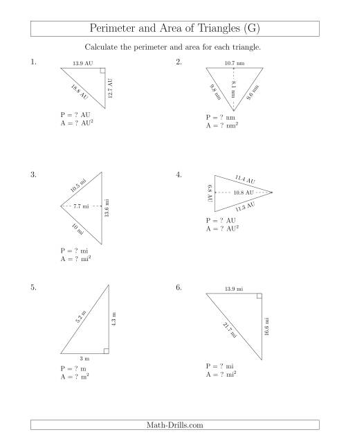 The Calculating the Perimeter and Area of Acute and Right Triangles (Rotated Triangles) (G) Math Worksheet